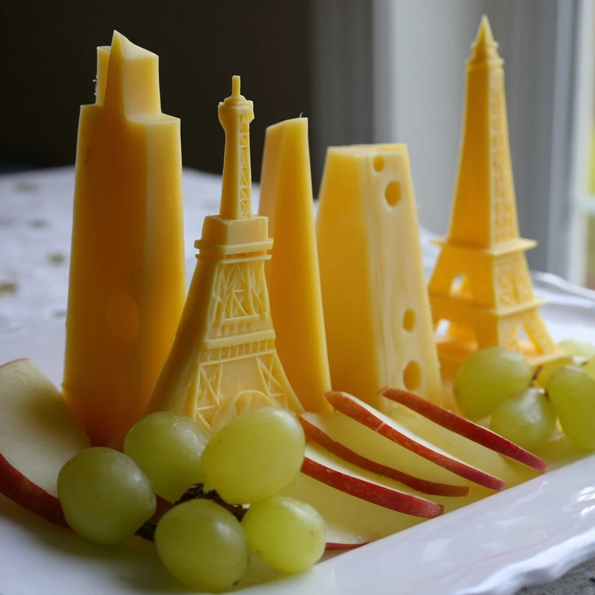 Vertical cheese skyline silhouette appetizer, featuring cheddar, Gruyère, and Gouda, ready to serve with crackers.