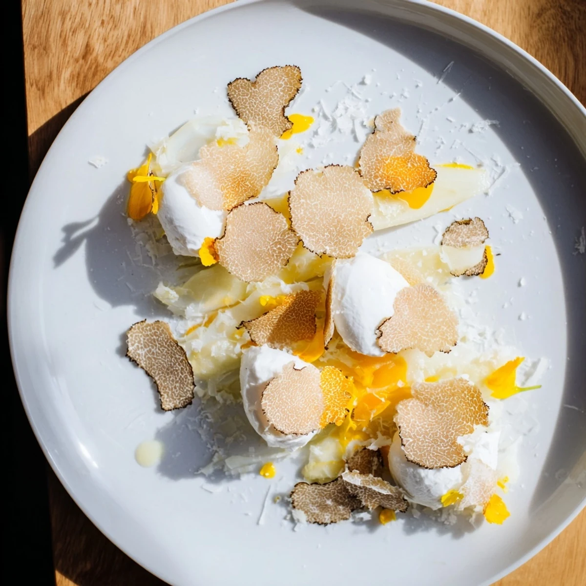 Elegant The Silver Birch salad: tender white asparagus, creamy burrata, and earthy truffle shavings.