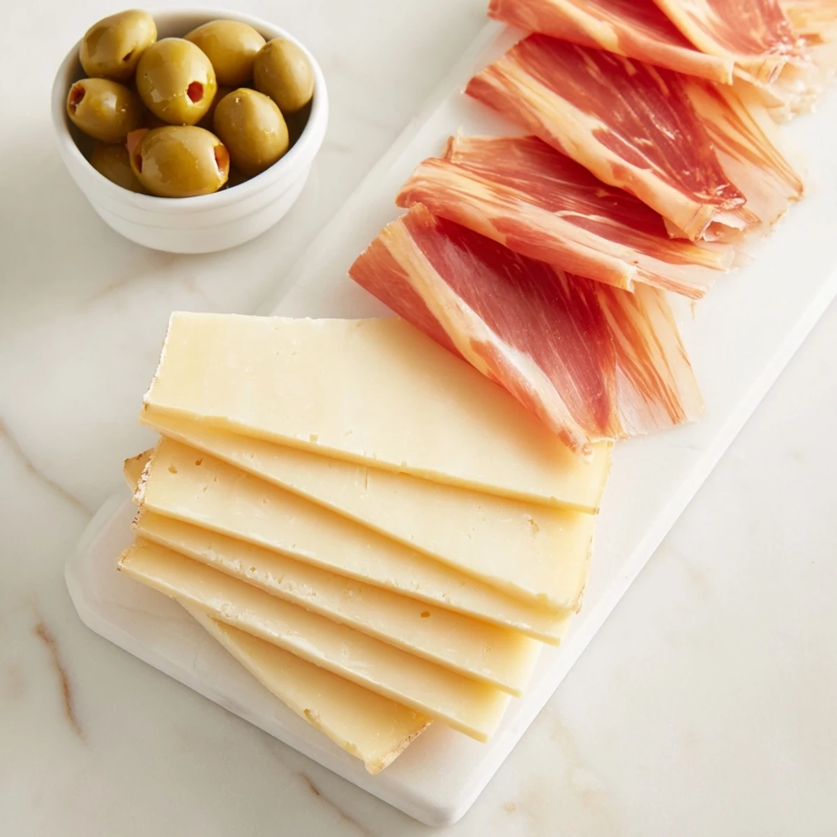 Elegant cheese board displaying the minimalism master's aged cheese, savory ham, and vibrant green olives.