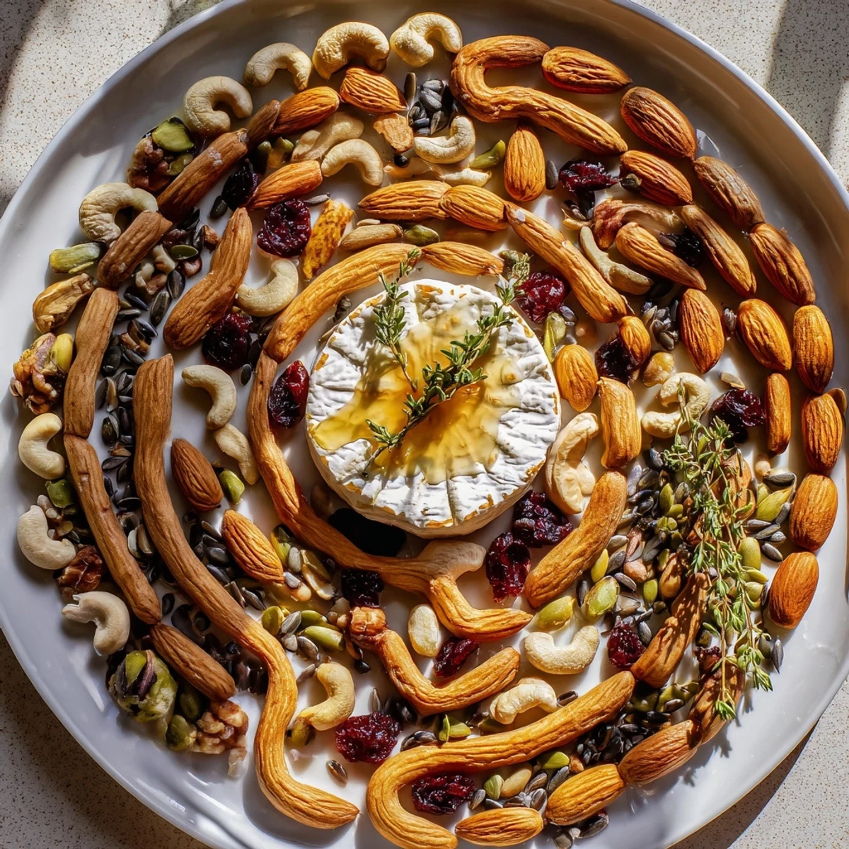 Artfully arranged nuts and seeds create the visually stunning Labyrinth appetizer grazing platter.