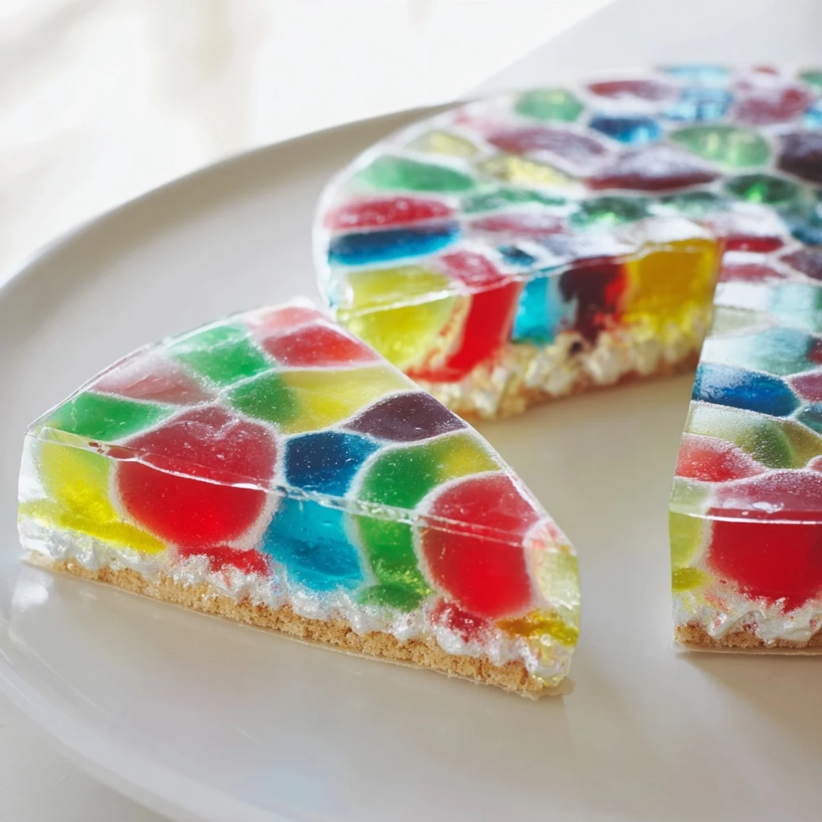 A slice of The Kaleidoscope dessert reveals vibrant colors and a delightful fruity flavor.