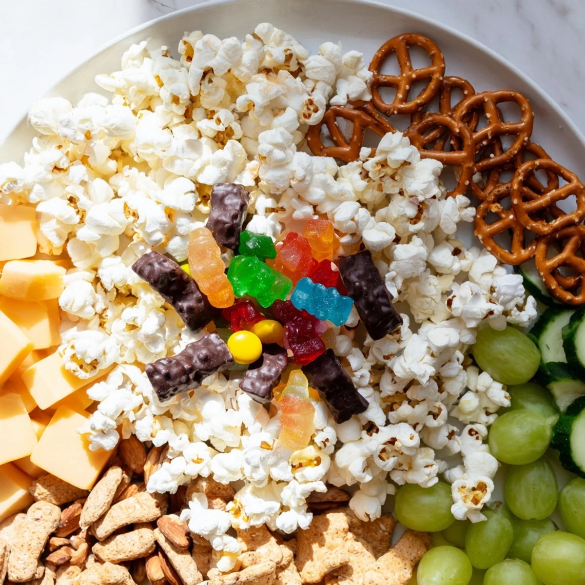 A colorful Movie Night Munchie Board featuring popcorn, candies, cheese, grapes, and pretzels, ready to eat.