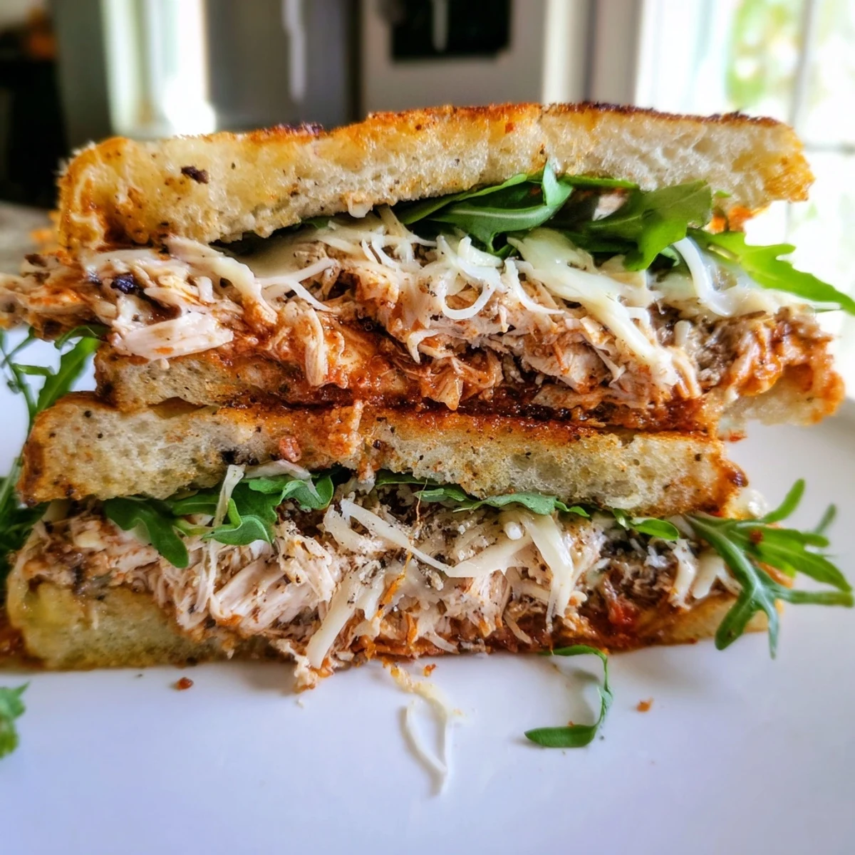 Enjoy a delicious bite of this flavorful Leftover Pizza Chicken Sandwich, an American-Italian fusion dish.