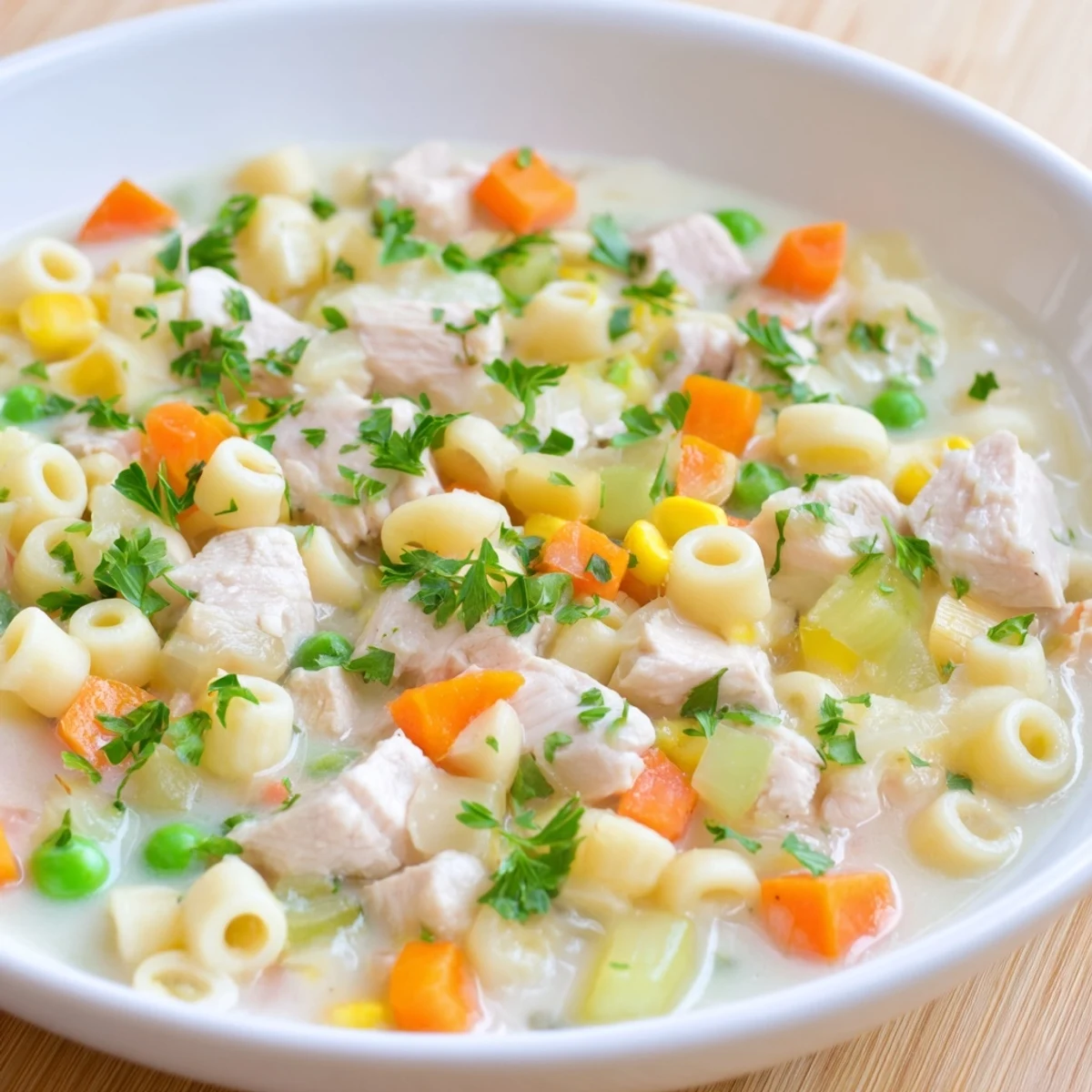 Chicken Pot Pie Pasta Soup: A creamy bowl of soup with visible chicken, pasta, and vegetables.