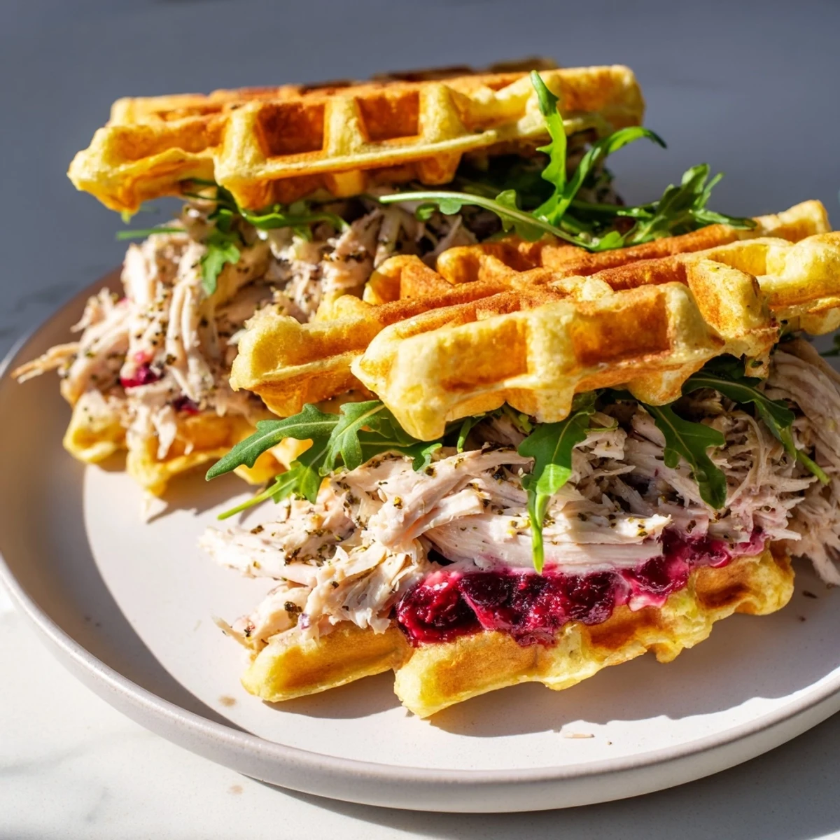 Golden, crispy stuffing waffle chicken sliders, layered with cranberry mayo and shredded chicken.