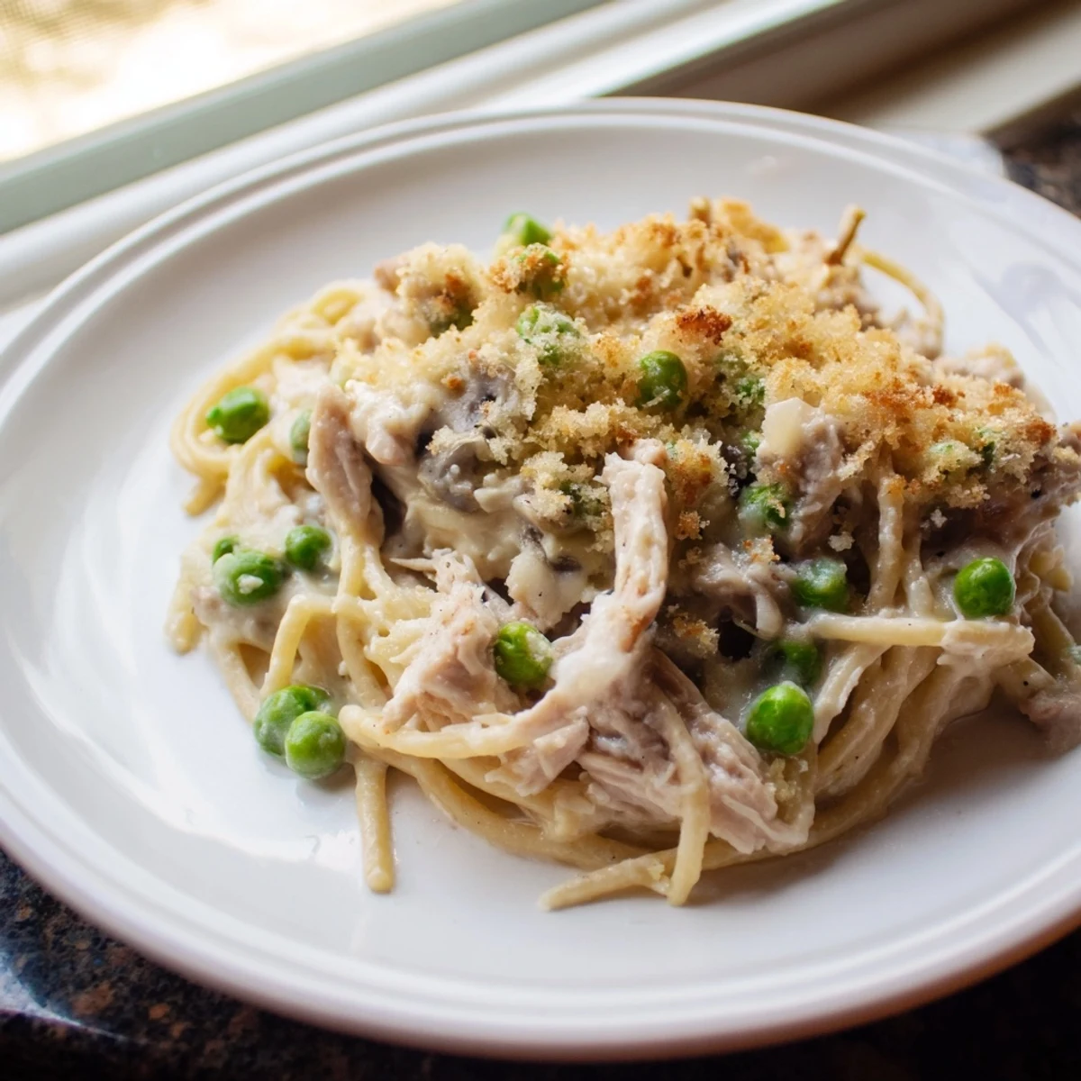 Golden-brown crust tops the creamy Turkey Tetrazzini Bake, a comforting casserole with peas and pasta.