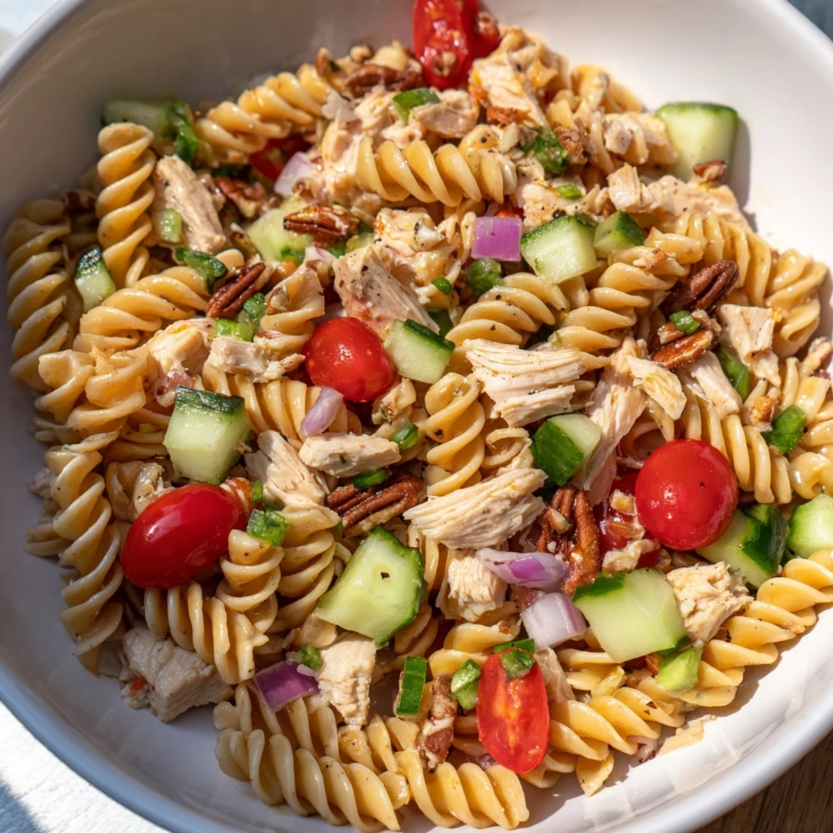 Pasta Salad with Cranberry Vinaigrette showcases a colorful mix of pasta, chicken, and fresh vegetables.