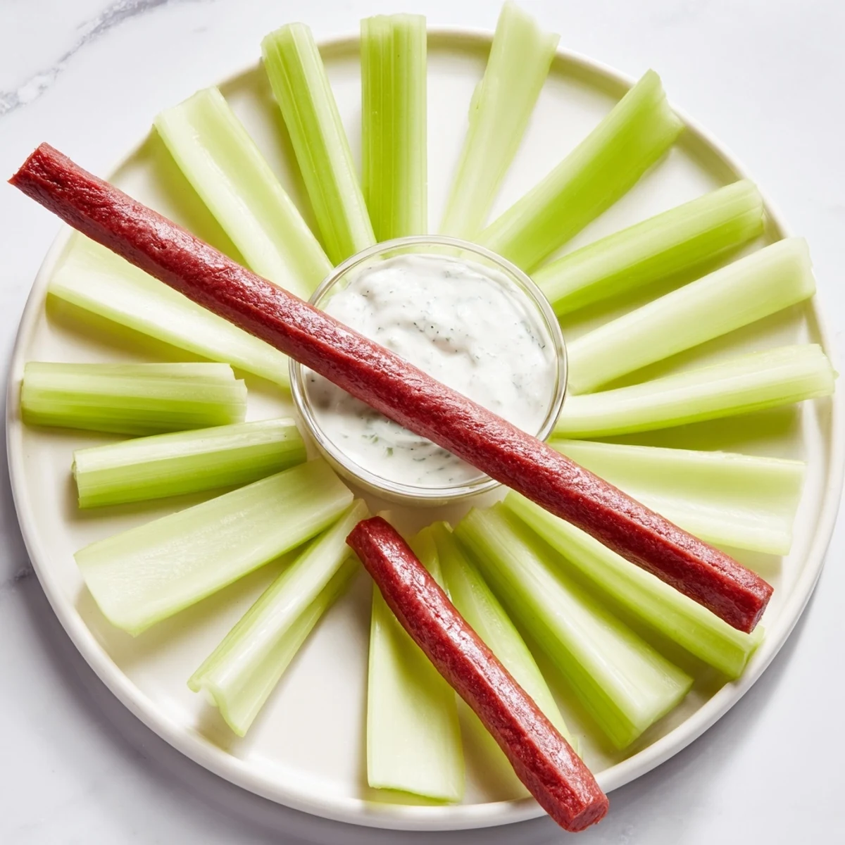 The Rustic Wheel appetizer, an inviting platter of celery and meat sticks for easy snacking.