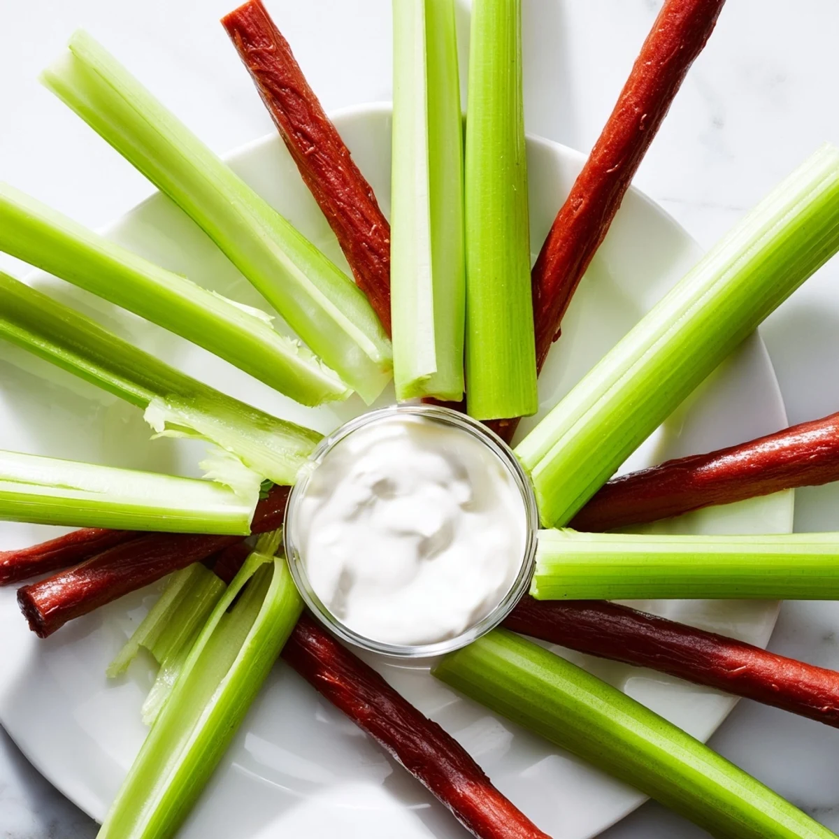 This Rustic Wheel features a fun arrangement of savory meat sticks and fresh celery, ready to serve.