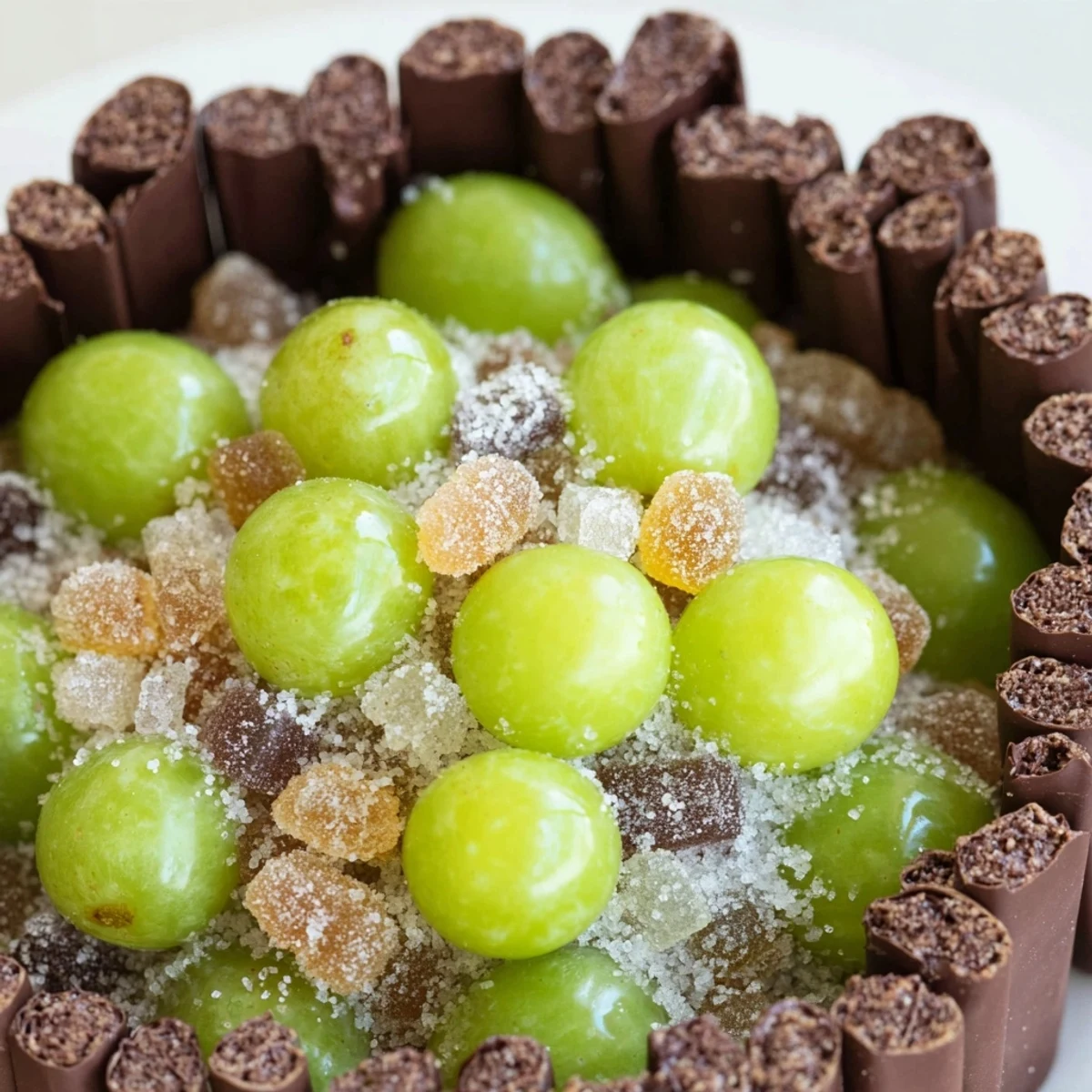 A stunning image of The Crystal Cave dessert: sugared grapes nestled in dark chocolate.