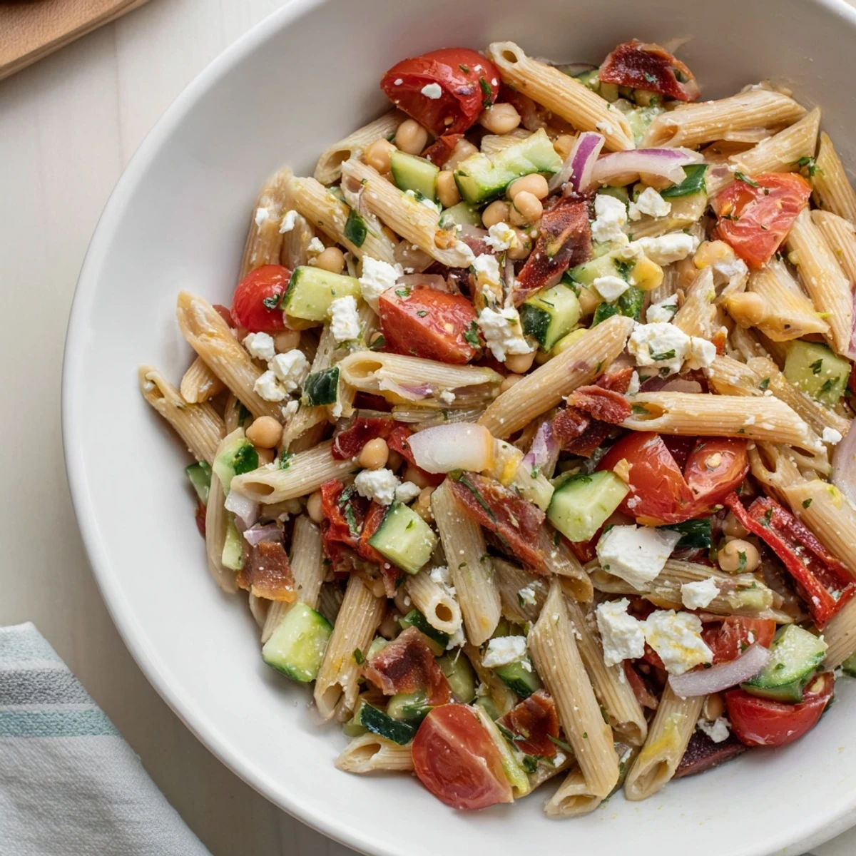 Mediterranean pasta salad with chickpeas, bursting with colorful vegetables, a zesty olive oil dressing, and crumbled feta.