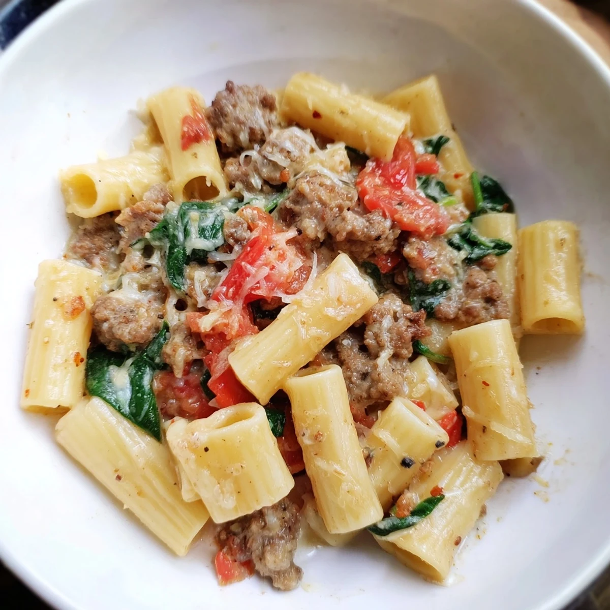 One-Pot Italian Sausage Tomato Pasta steaming in a rustic pot, garnished with fresh basil for serving.