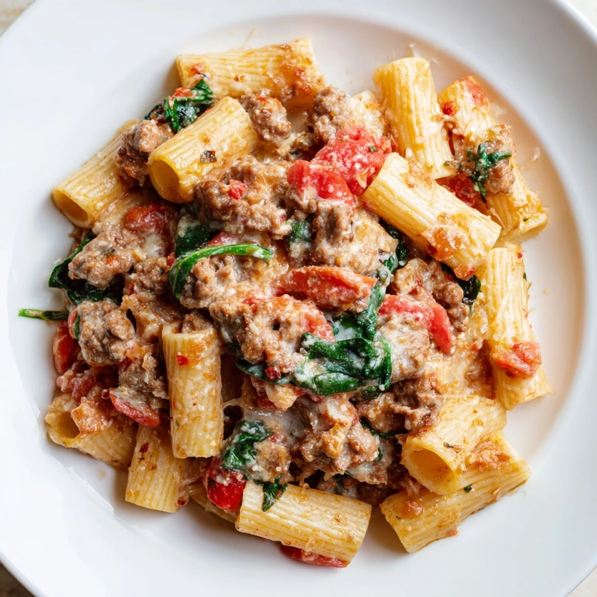 Close-up of bubbling One-Pot Italian Sausage Tomato Pasta, pasta al dente in a rich tomato sauce with visible herbs.