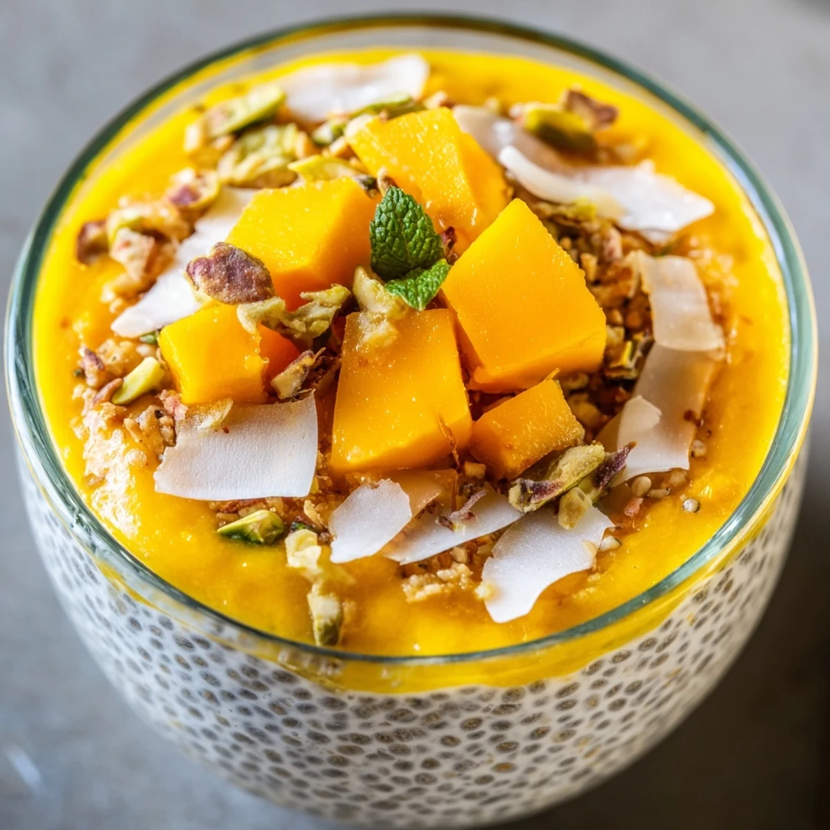 Creamy Mango Coconut Chia Pudding layered with fresh mango, ready to enjoy as a light dessert.