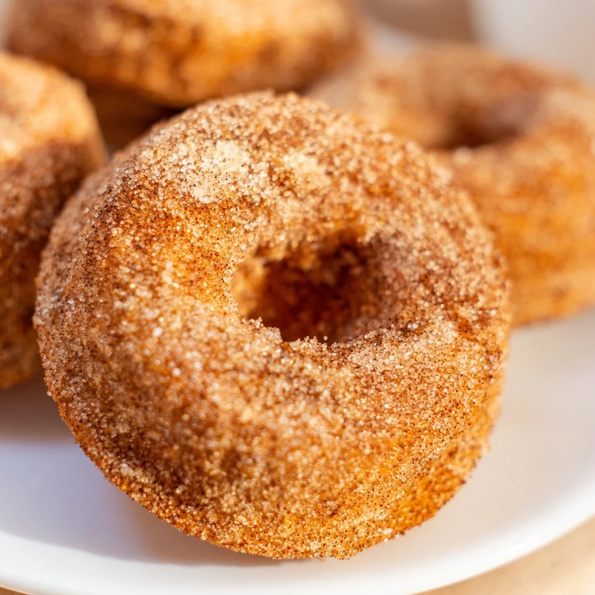 Close-up of fluffy Cinnamon-Sugar Baked Donuts, highlighting the soft texture and enticing cinnamon-sugar crust.