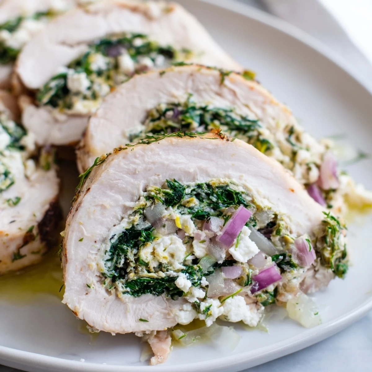 Sensory-rich image of Spinach Feta Stuffed Chicken: tender rolls filled with creamy feta and herbs.