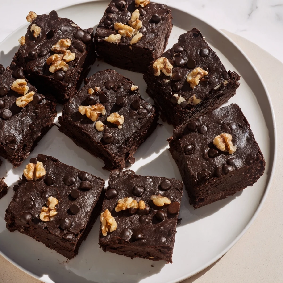 A close-up of rich, dark Black Bean Brownies with melted chocolate chips on top.
