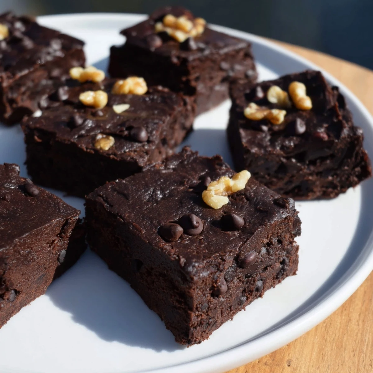 Warm, freshly baked Black Bean Brownies with visible chocolate chips, ready to devour.