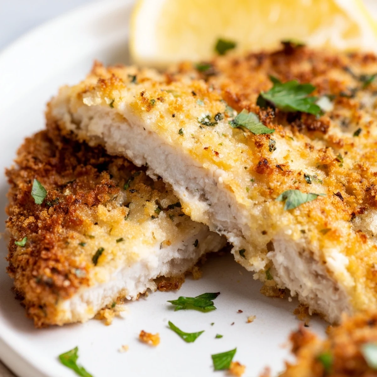 Oven-baked Crispy Parmesan Chicken Cutlets, sizzling, ready to serve with lemon and parsley.