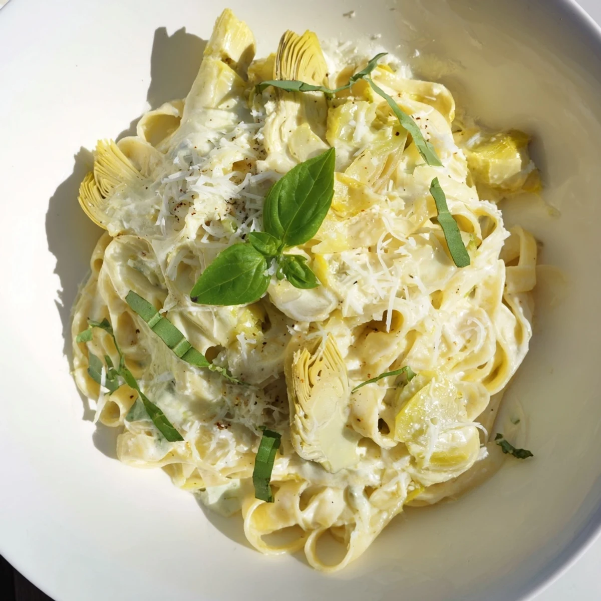 Close-up of al dente pasta submerged in rich, creamy lemon artichoke sauce; a comforting dinner.