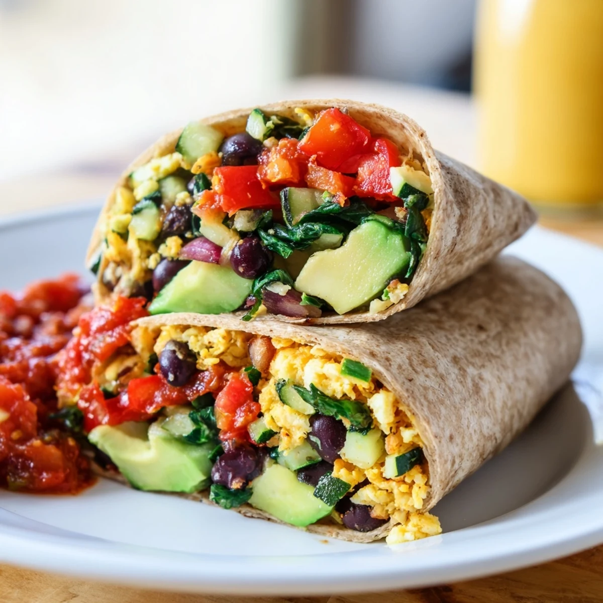 A close-up of a colorful veggie-loaded breakfast burrito, deliciously stuffed and ready to eat.