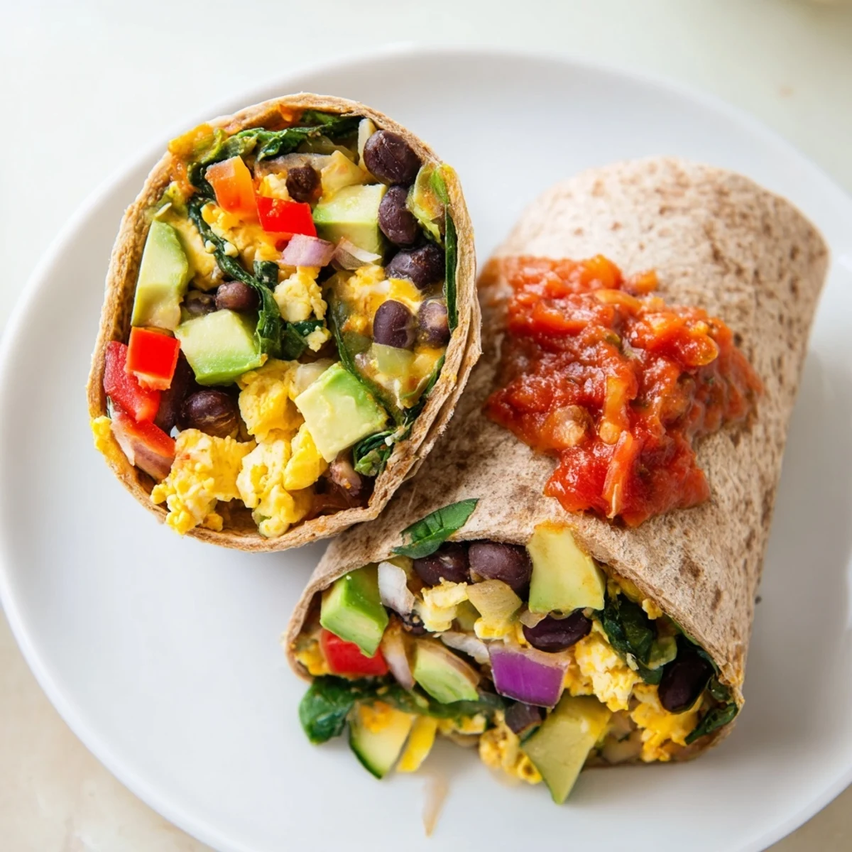 This mouthwatering veggie-loaded breakfast burrito is filled with scrambled eggs and fresh cilantro, waiting to be devoured.