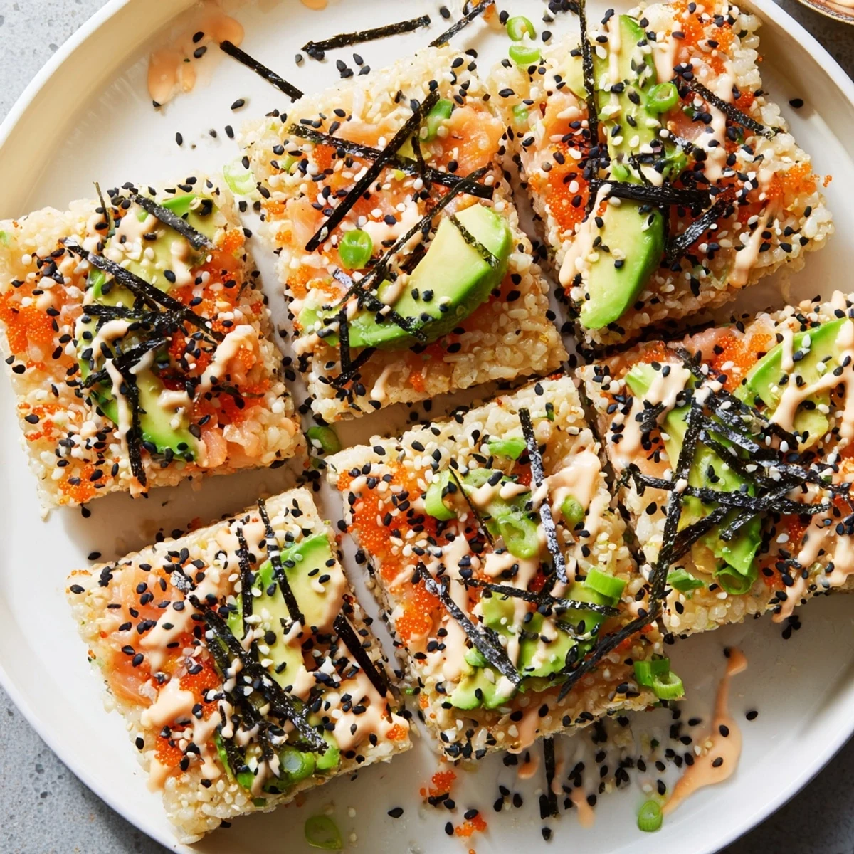 Crispy Rice Salmon Stack: golden-brown rice squares topped with vibrant salmon and creamy avocado.