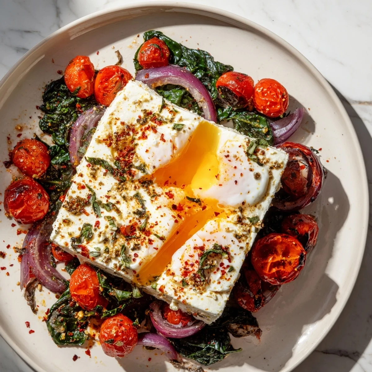 Vibrant red cherry tomatoes and creamy feta bake with the eggs, creating delicious Baked Feta Eggs.