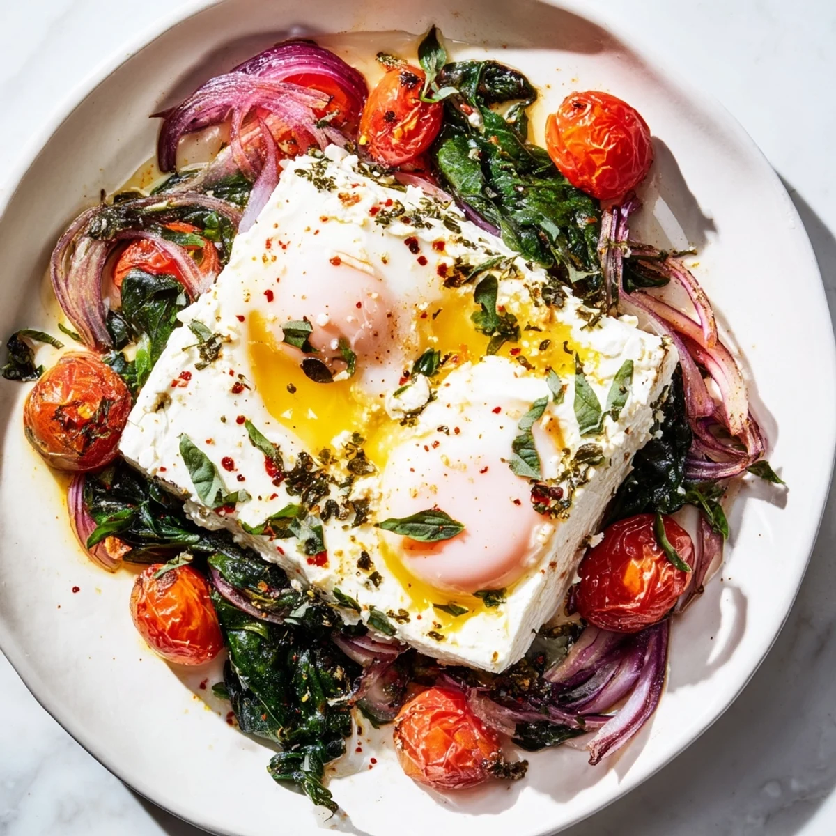 Golden-yolked Baked Feta Eggs emerge from the oven, surrounded by roasted tomatoes and fragrant herbs.