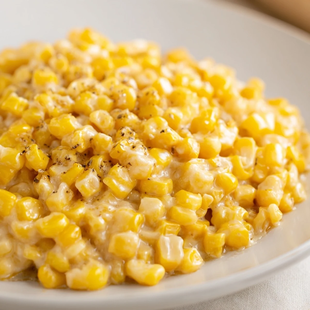 A close-up view of flavorful Honey Butter Corn, garnished with a sprinkle of seasoning and fresh from the skillet.
