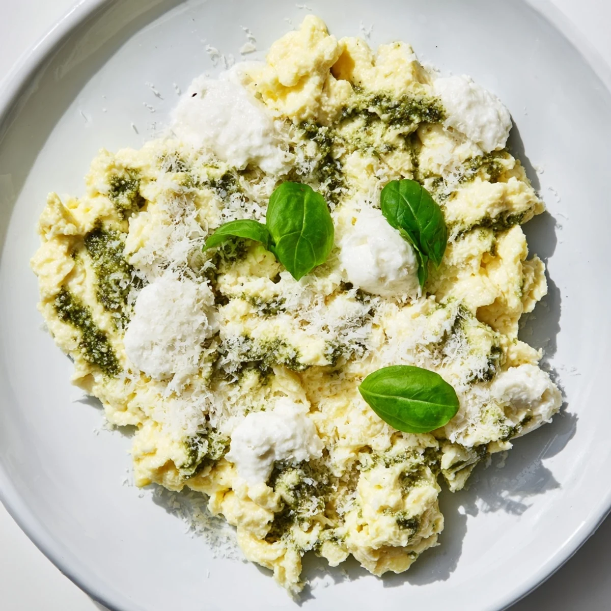Fluffy Pesto Cottage Cheese Eggs, a vibrant breakfast, garnished with fresh basil and Parmesan.