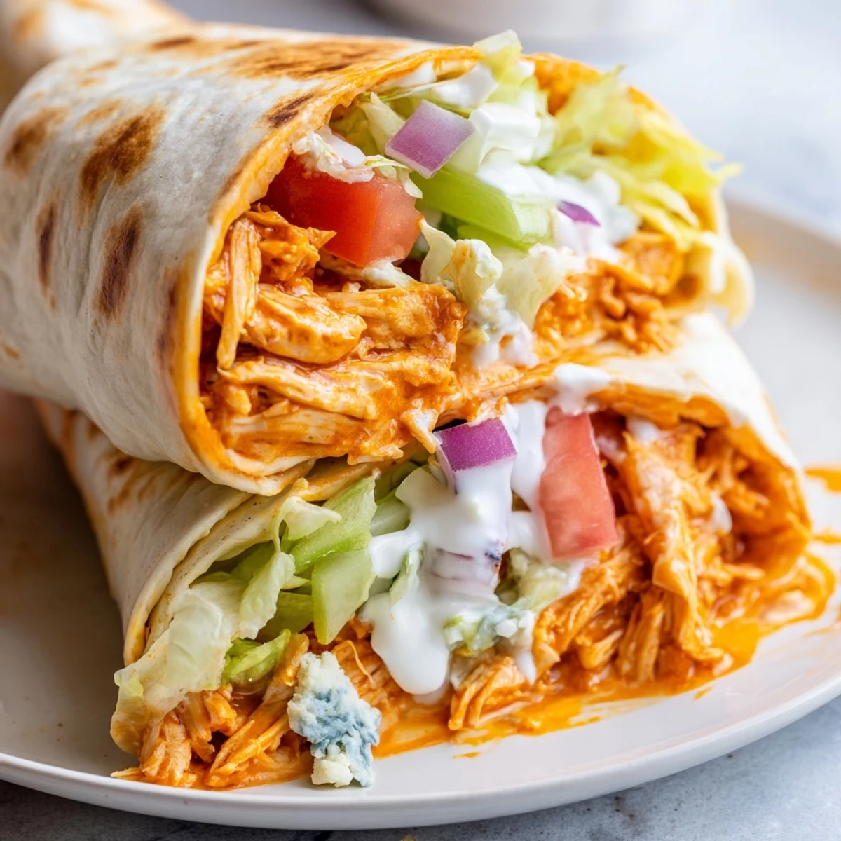 Steaming buffalo chicken wrap, with a melty cheese filling and vibrant fresh veggie toppings.