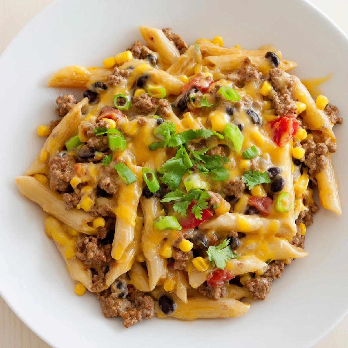 Close-up of a steaming bowl of Cheesy Taco Pasta topped with melted cheese and fresh herbs.