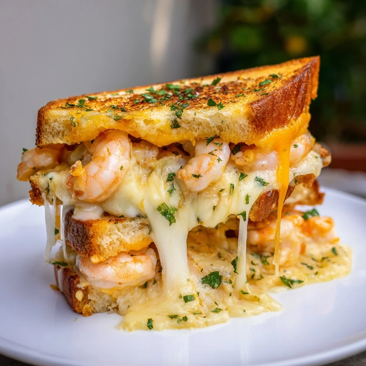 Quick Shrimp Grilled Cheese, featuring golden-brown bread filled with melted cheeses and juicy shrimp.
