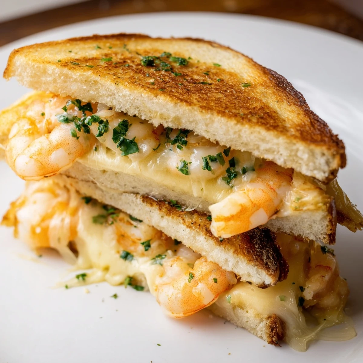 Melted mozzarella and cheddar perfectly hug the flavorful Quick Shrimp Grilled Cheese filling on toasted sourdough.