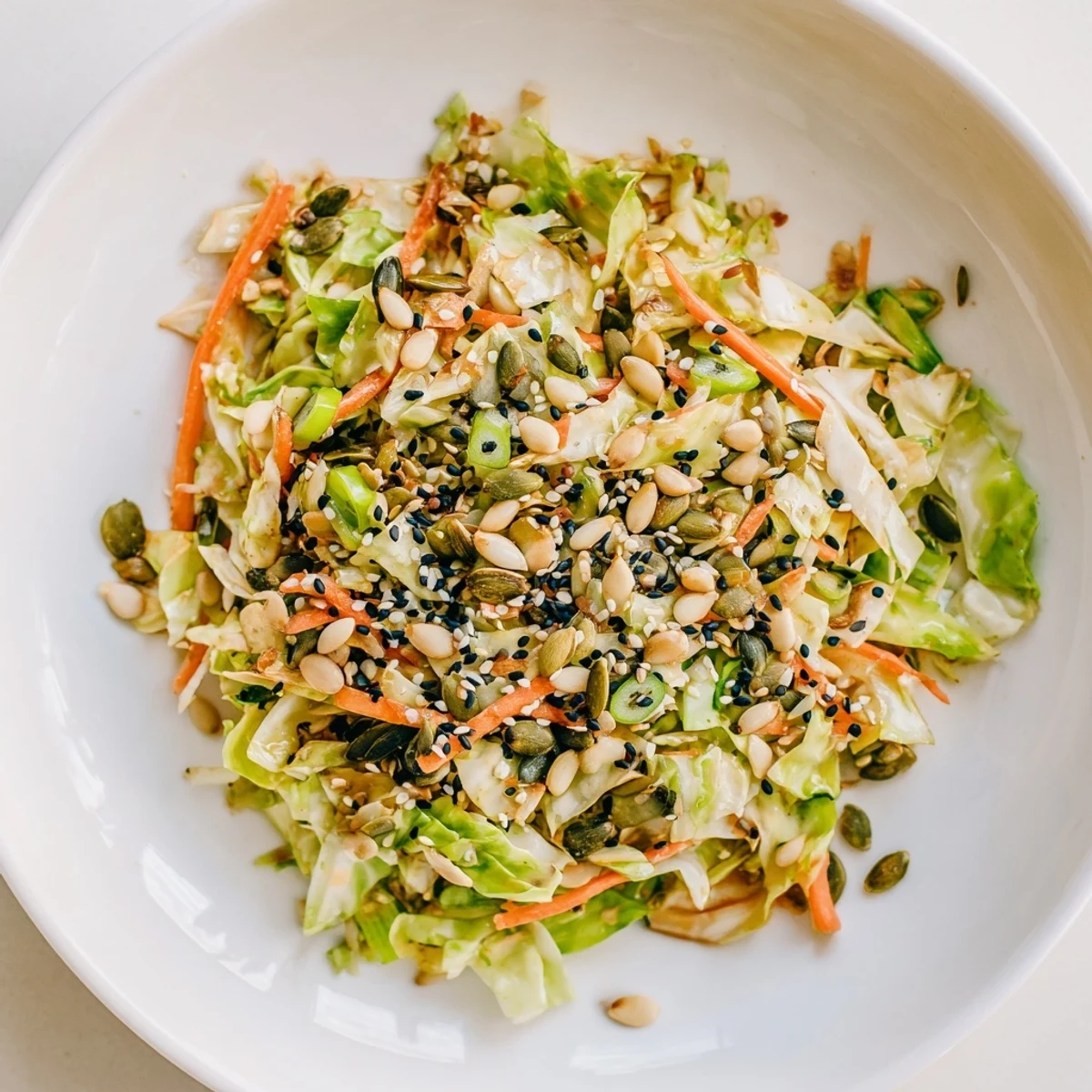 Vibrant Cabbage-Core Slaw Salad, a colorful mix of crunchy vegetables with toasted seeds and savory dressing.
