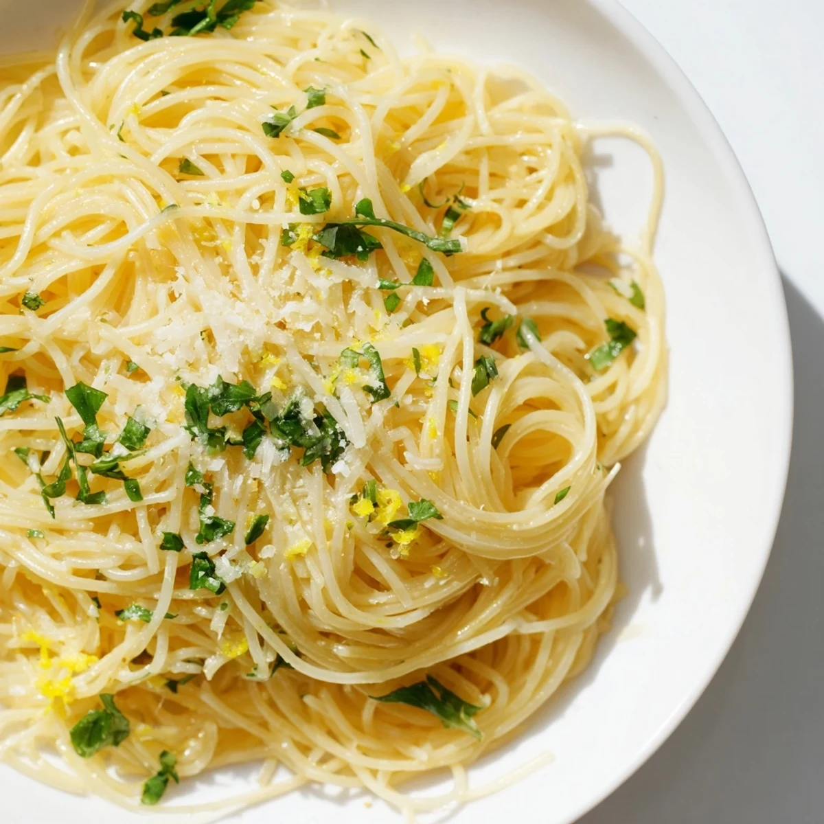 Golden strands of Lemon Capellini pasta glistening in a bright, vibrant lemon butter sauce.