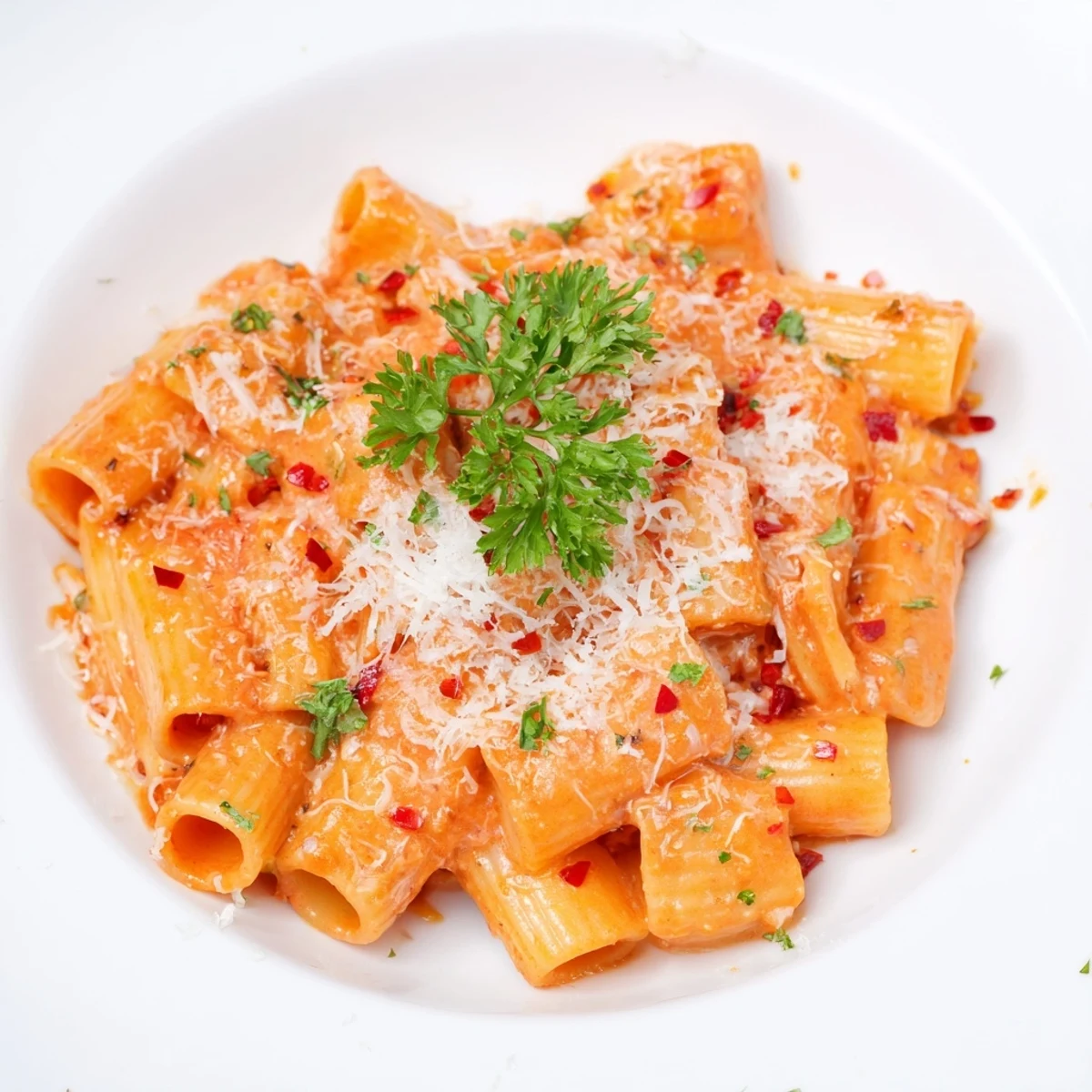 Vibrant bowl of Gigi Hadid-style spicy rigatoni: creamy pasta coated in red tomato sauce with fresh parsley.