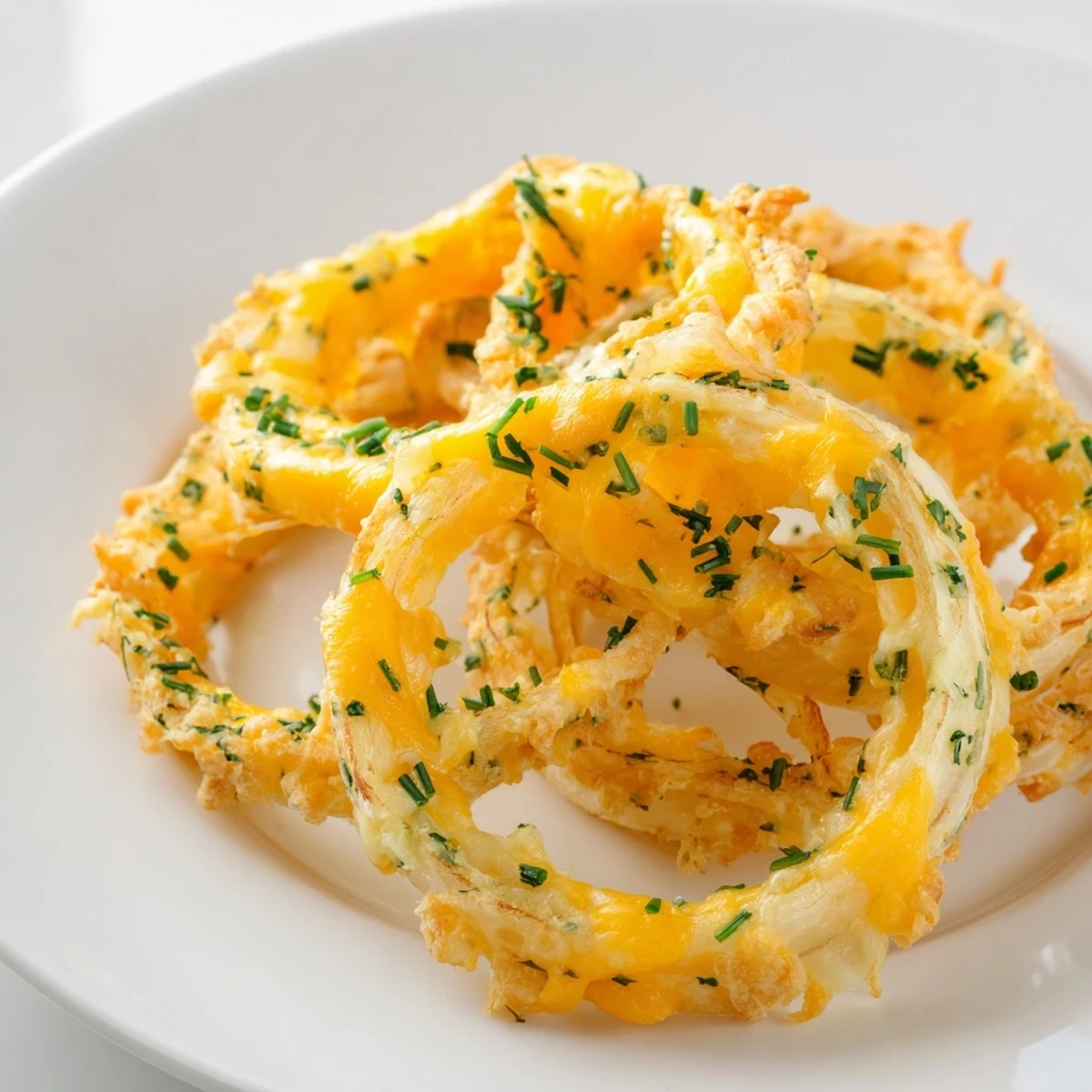 A close-up of air-fried Crispy Onion Cheese Chips, showing melted cheese on perfectly browned onions, ready to eat.