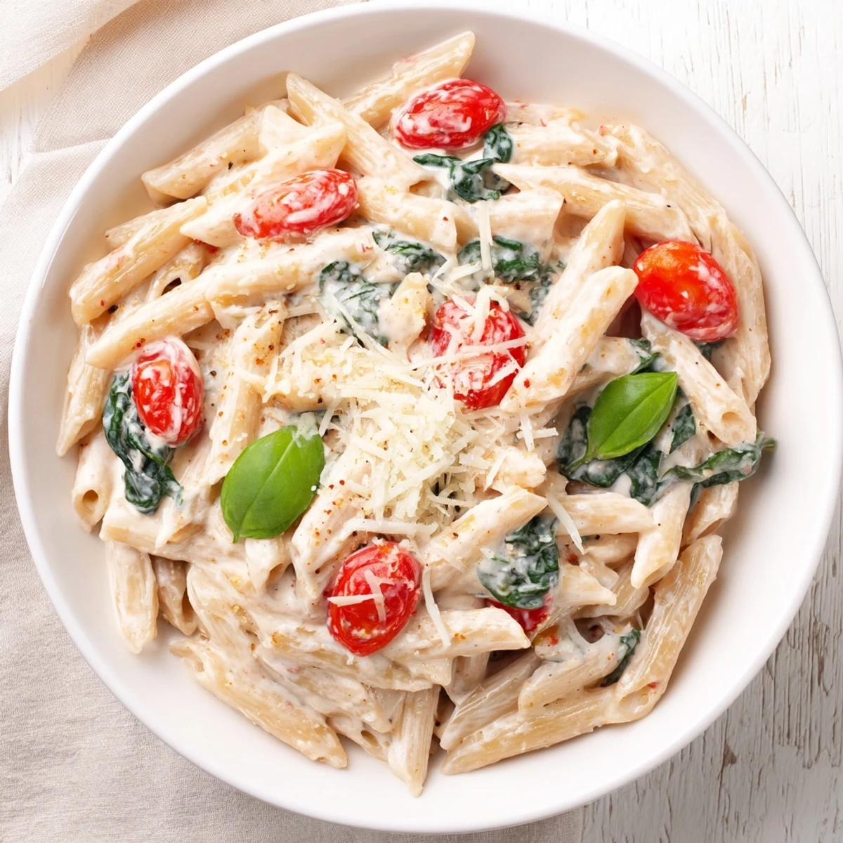 Smooth, creamy Cottage Cheese High-Protein Creamy Pasta with spinach and juicy cherry tomatoes, so delicious.