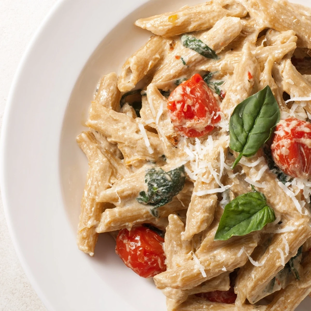 This plate of Cottage Cheese High-Protein Creamy Pasta showcases a hearty, flavorful, satisfying vegetarian meal.