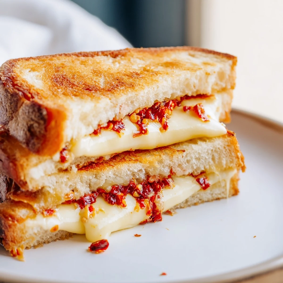 Golden-brown Brie and Chili Crisp Grilled Cheese oozing melted brie and spicy chili crisp.