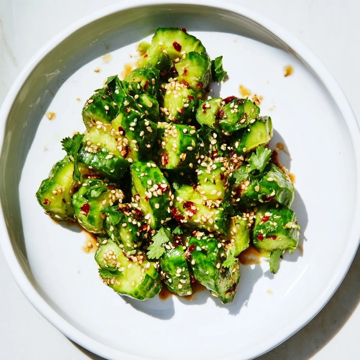 Fresh Chinese Spicy Smashed Cucumber Salad; vibrant green cucumbers with a bold, savory dressing.