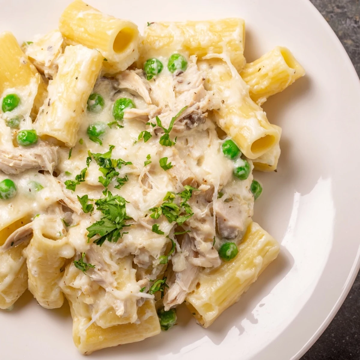 Slow Cooker Chicken Alfredo Pasta Bake: A creamy, cheesy, comforting dish with shredded chicken and penne.