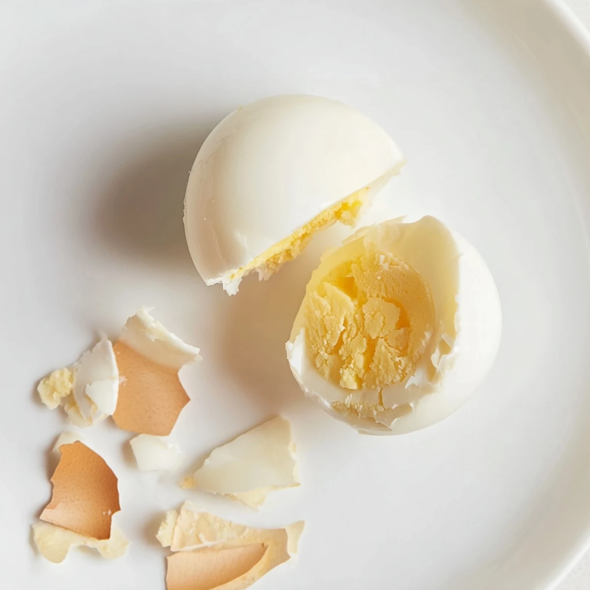 Close-up of perfectly cooked Air Fryer Boiled Eggs, demonstrating the method for easy peeling.