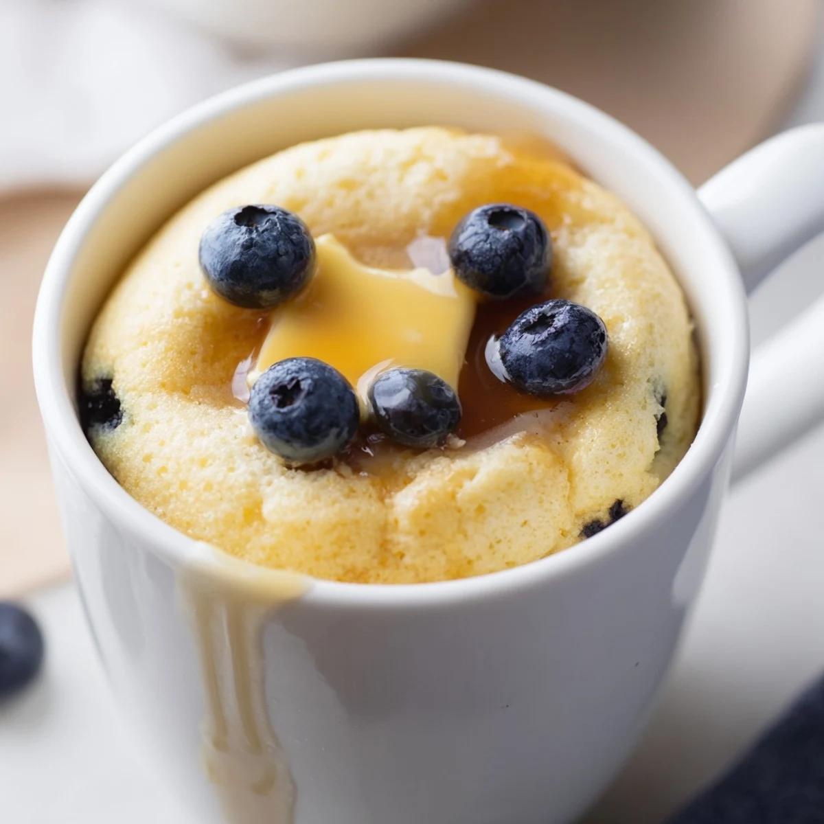 Delicious homemade microwave mug pancakes in a mug topped with fresh blueberry and syrup.