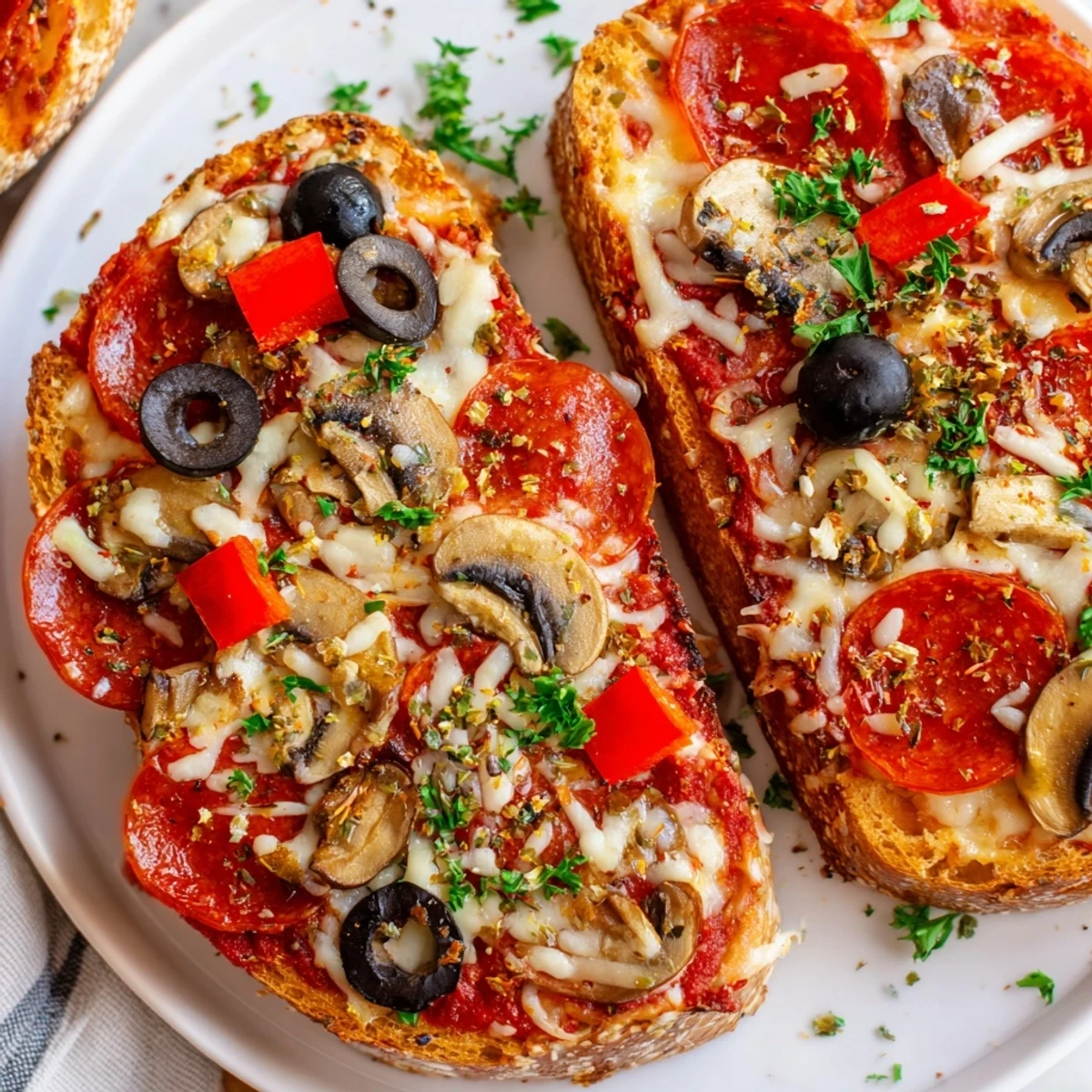 Freshly air fried pizza toast, bubbly cheese, and crispy bread make a quick, easy Italian-inspired snack.