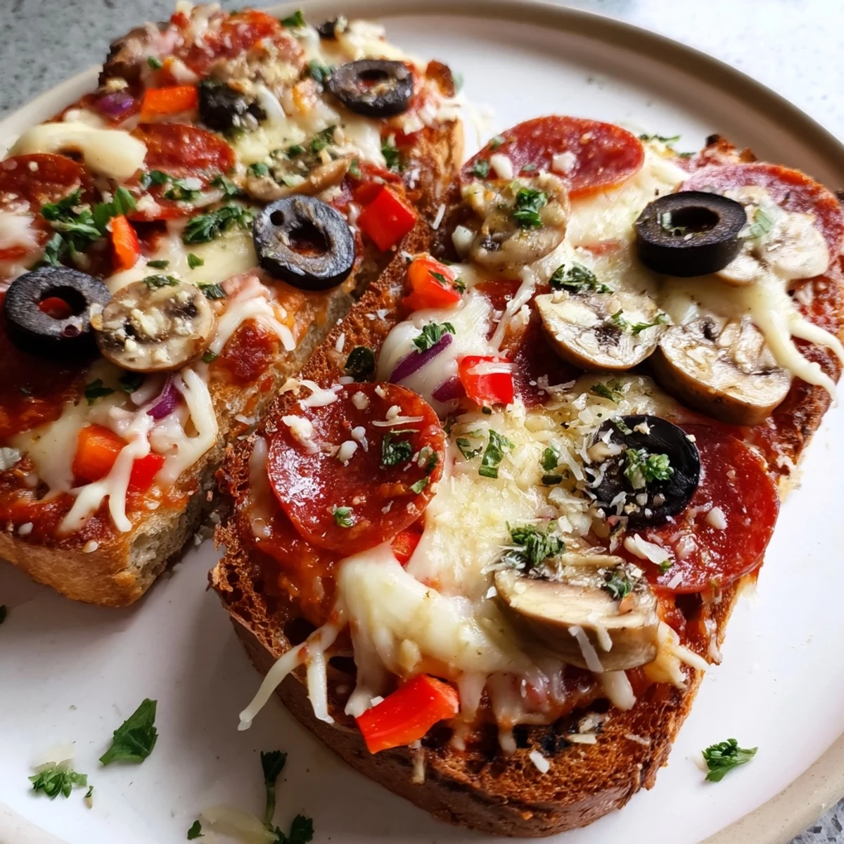 Golden, melted cheese covers flavorful air fryer pizza toast, a simple vegetarian meal ready in minutes.
