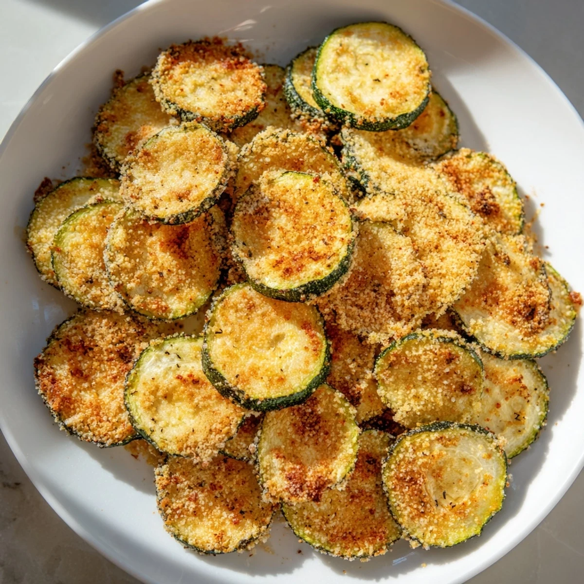 Golden air-fried Zucchini Chips, perfectly crispy and ready to serve with your favorite dipping sauce.