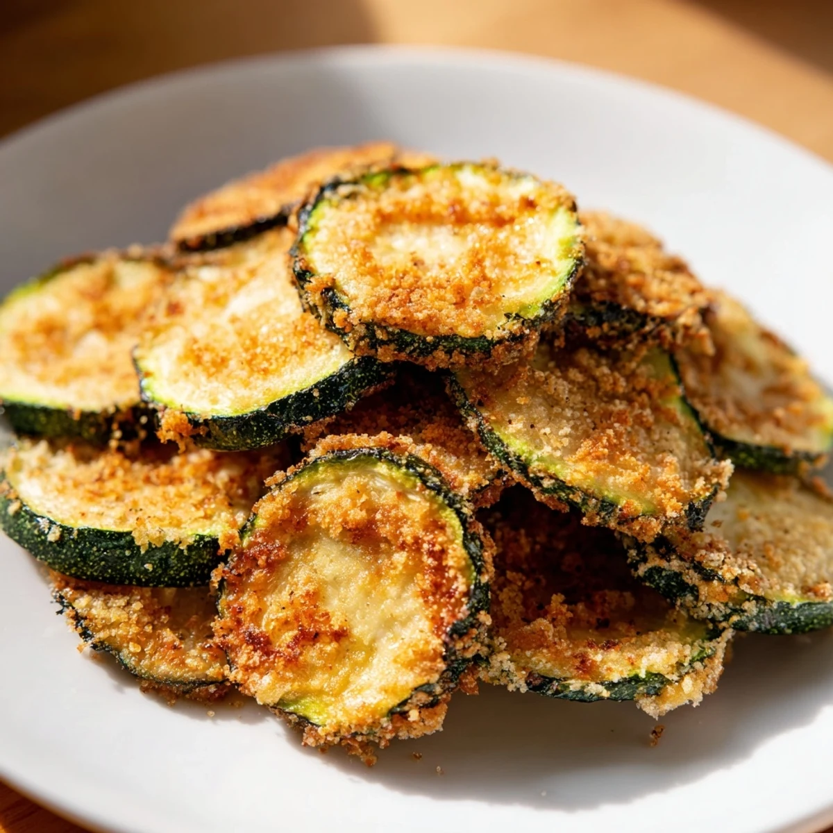 Close-up of freshly made, golden-brown Zucchini Chips, a healthy and delicious snack idea.